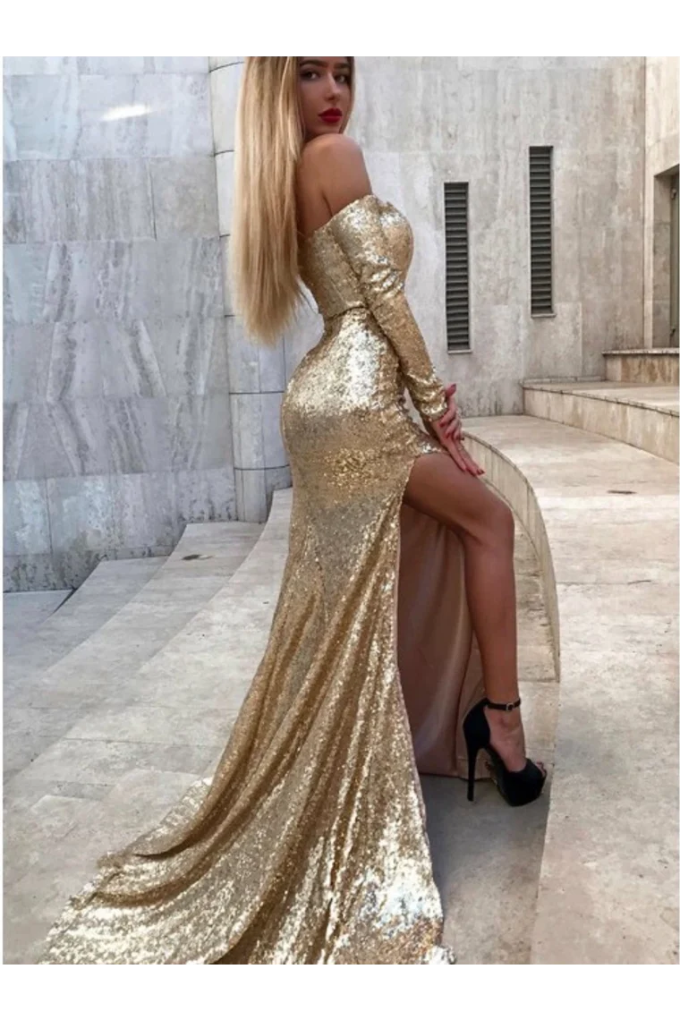 Mermaid Long Split Prom Dress Gold Sequined Evening Dress With Sleeves