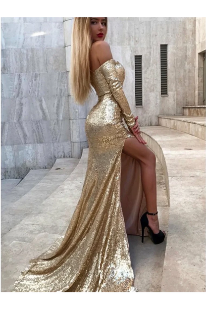 Mermaid Long Split Prom Dress Gold Sequined Evening Dress With Sleeves