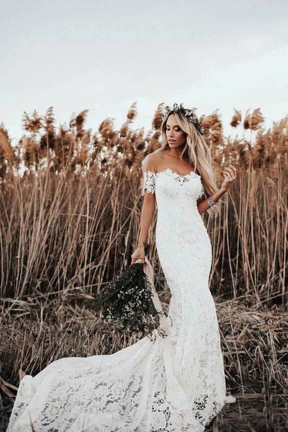 Mermaid Off the Shoulder Lace Beach Wedding Dress