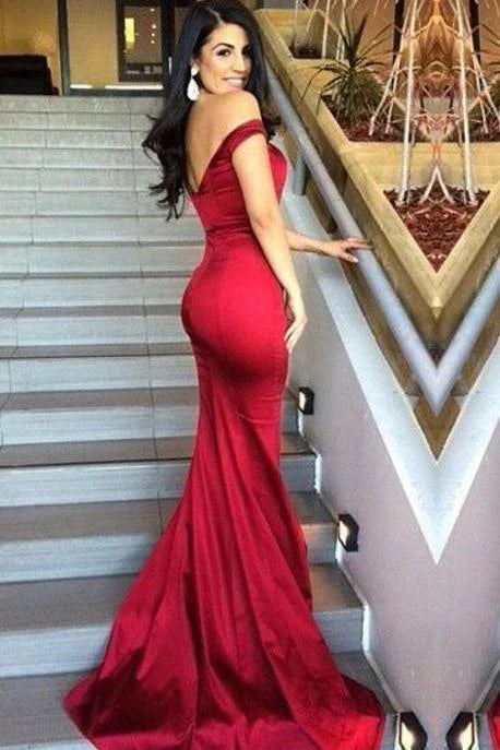 Mermaid Red Off the Shoulder Red Long Prom Dresses Backless Evening DressesMermaid Red Off the Shoulder Red Long Prom Dresses Backless Evening Dresses