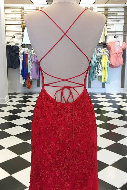 Mermaid Red Spaghetti Straps Red Lace Appliques Fashion Prom Dresses Long Cheap Evening Dresses