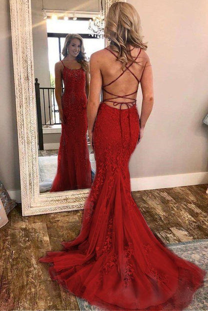 Mermaid Red Spaghetti Straps Red Lace Appliques Fashion Prom Dresses Long Cheap Evening Dresses