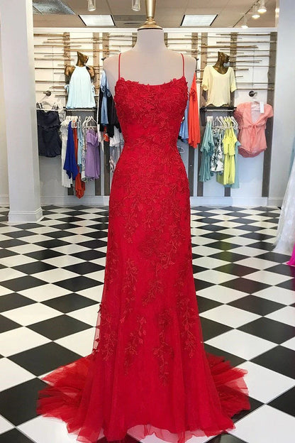 Mermaid Red Spaghetti Straps Red Lace Appliques Fashion Prom Dresses Long Cheap Evening Dresses