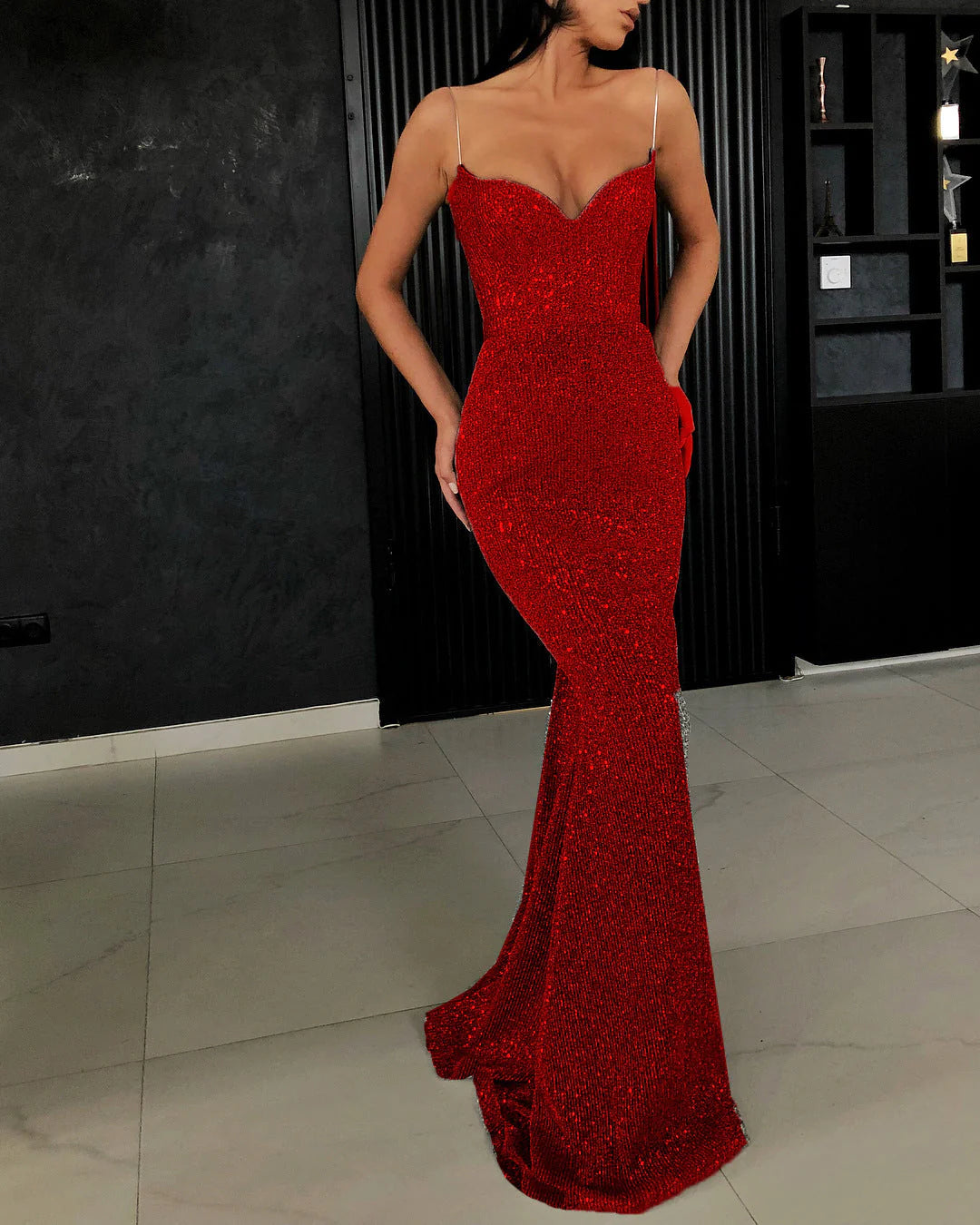Mermaid V Neck Spaghetti Straps Sequin Black Sparkle Prom Dresses