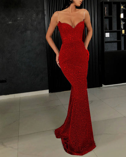 Mermaid V Neck Spaghetti Straps Sequin Black Sparkle Prom Dresses