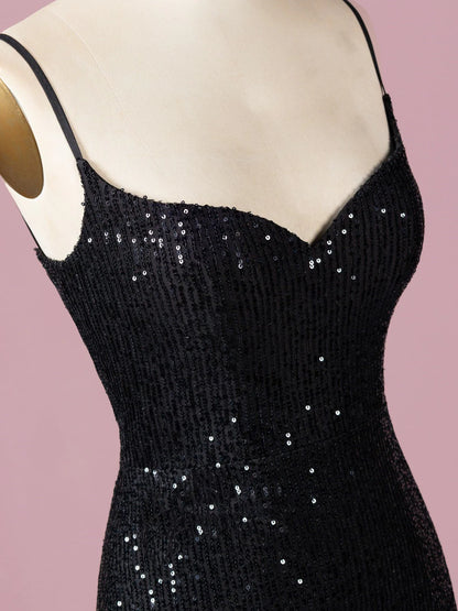 Mermaid V Neck Spaghetti Straps Sequin Black Sparkle Prom Dresses