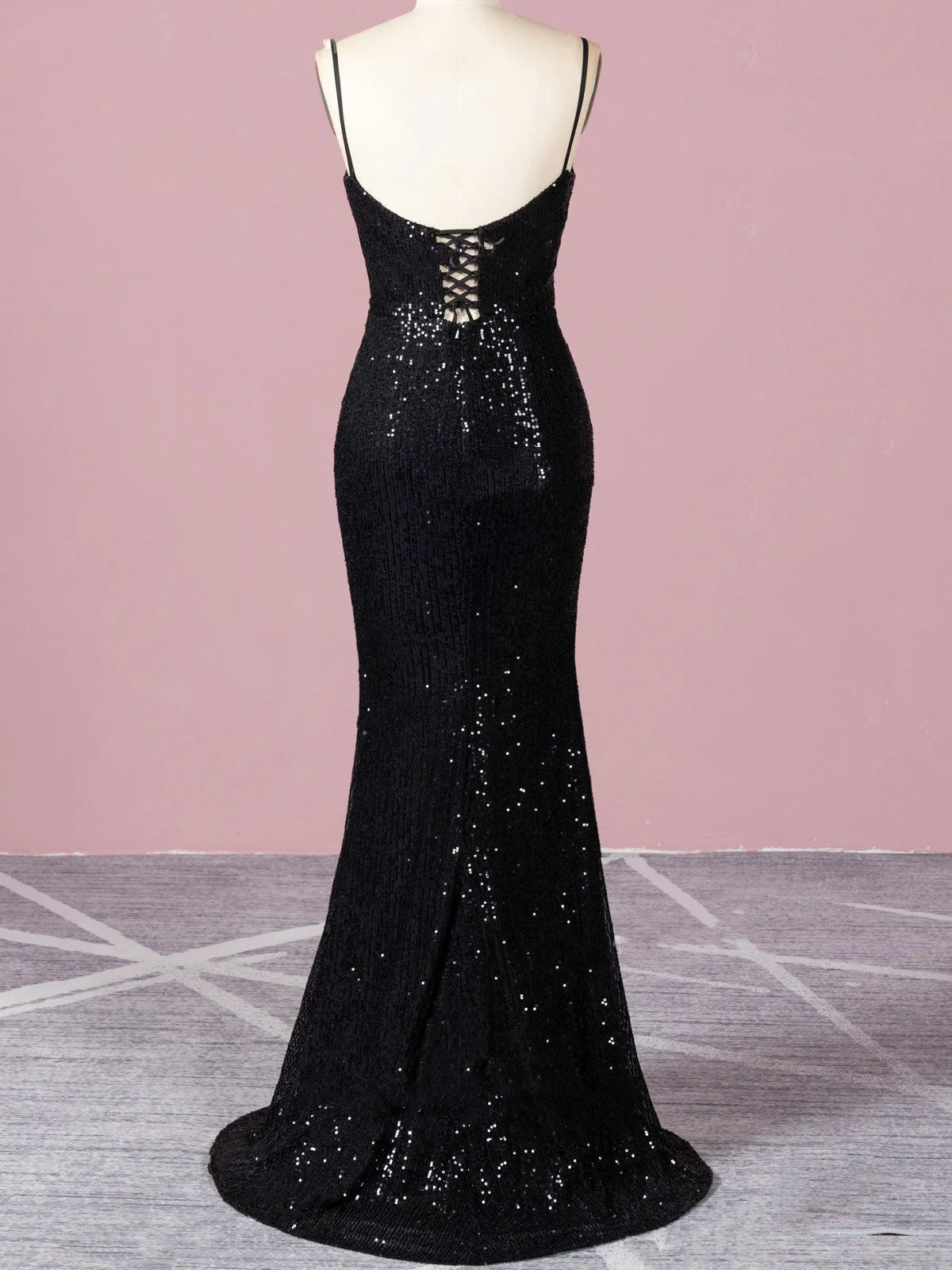 Mermaid V Neck Spaghetti Straps Sequin Black Sparkle Prom Dresses