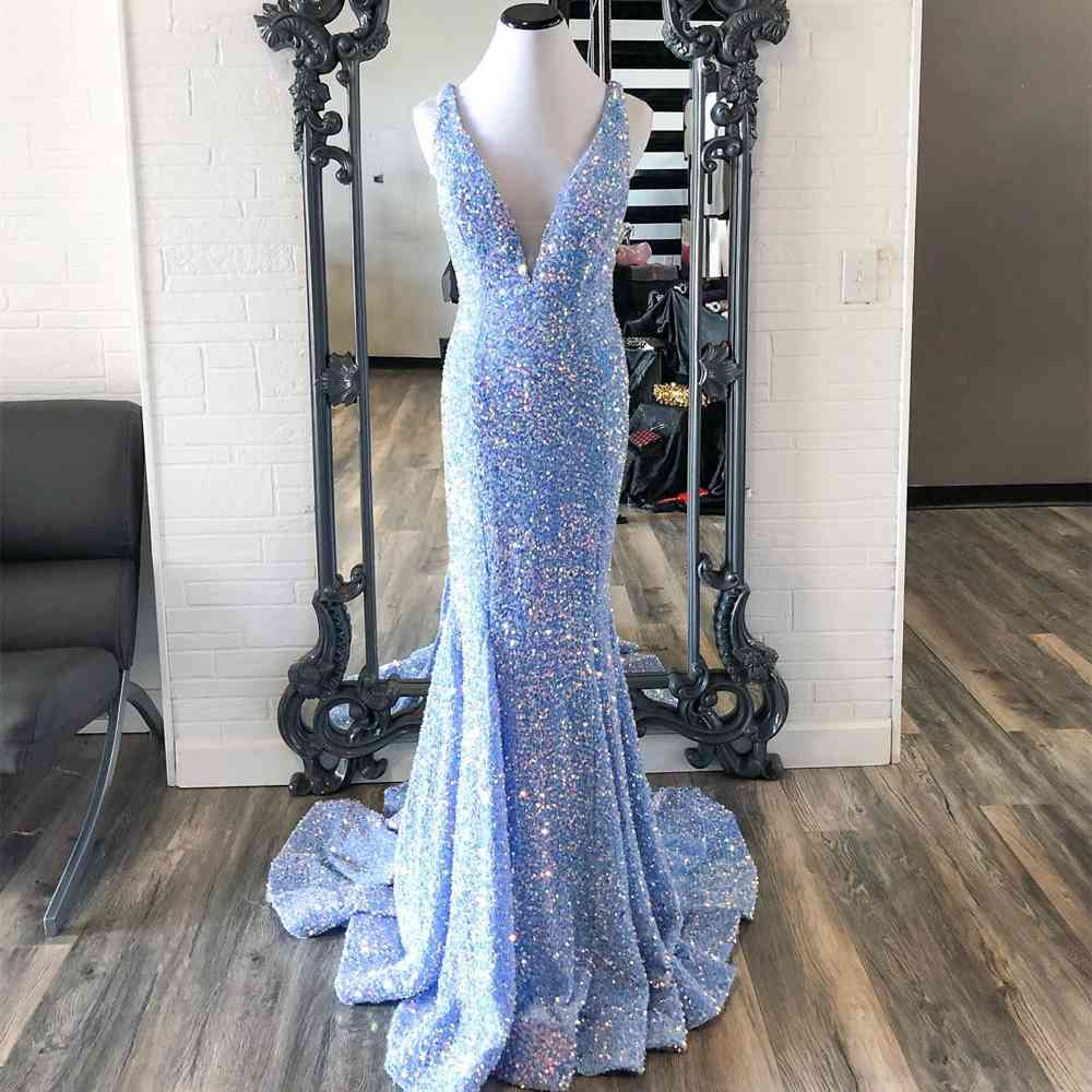 Mermaid V-Neck Sweep Train Backless Straps Velvet Sequins Prom Dresses