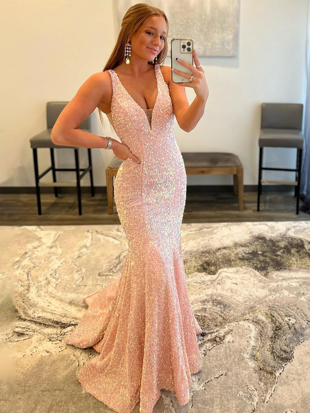 Mermaid V-Neck Sweep Train Backless Straps Velvet Sequins Prom Dresses