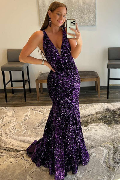 Mermaid V-Neck Sweep Train Backless Straps Velvet Sequins Prom Dresses