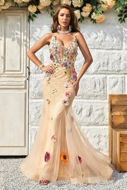 Mermaid V Neck Tulle With Appliques Floor Length Prom Dresses