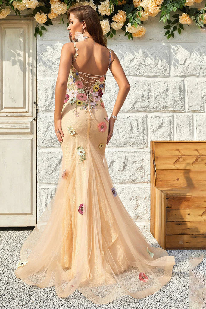 Mermaid V Neck Tulle With Appliques Floor Length Prom Dresses