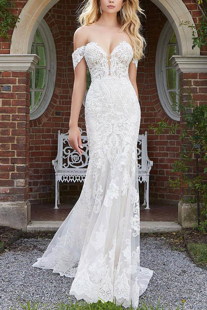Mermaid Wedding Dresses Off The Shoulder Lace Sweep Train Zipper Up