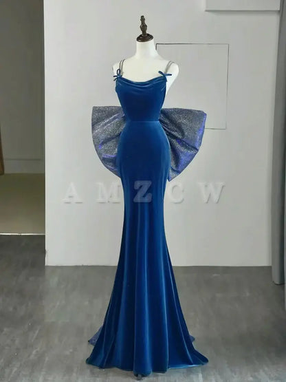 Amzcw Mermaid Velvet Blue Long Prom Dress Blue Long Evening Dress prom dress in store