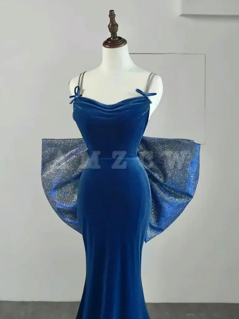 Amzcw Mermaid Velvet Blue Long Prom Dress Blue Long Evening Dress prom dress in store