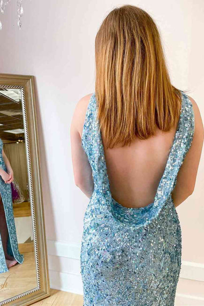 Sequin Backless Mermaid Long Prom Dress With Slit