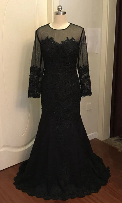 Modset Mermaid Black Long Sleeves Prom Evening Dress with Appliques