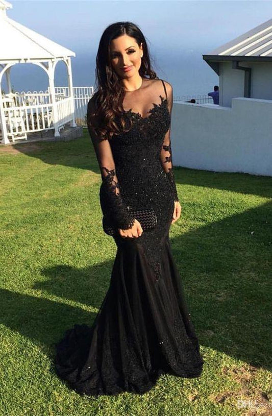 Modset Mermaid Black Long Sleeves Prom Evening Dress with Appliques