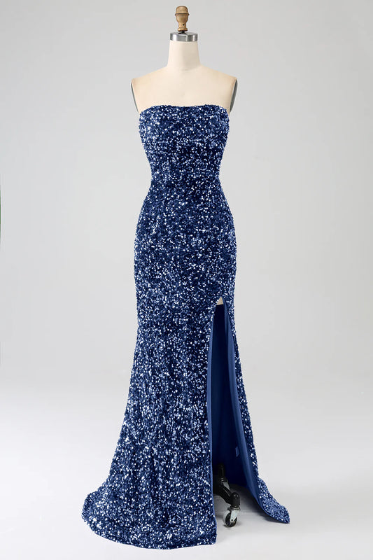 Amzcw Navy Mermaid Strapless Sequins Long Prom Dress With Slit