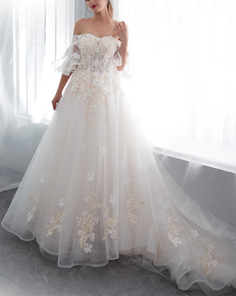 A Line Off The Shoulder Tulle Scoop Neck Wedding Dresses