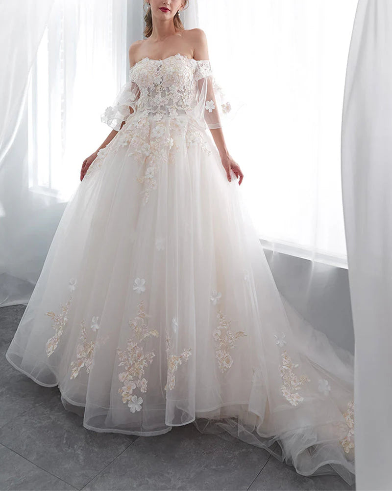 A Line Off The Shoulder Tulle Scoop Neck Wedding Dresses