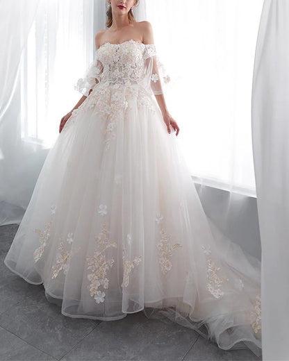 A Line Off The Shoulder Tulle Scoop Neck Wedding Dresses