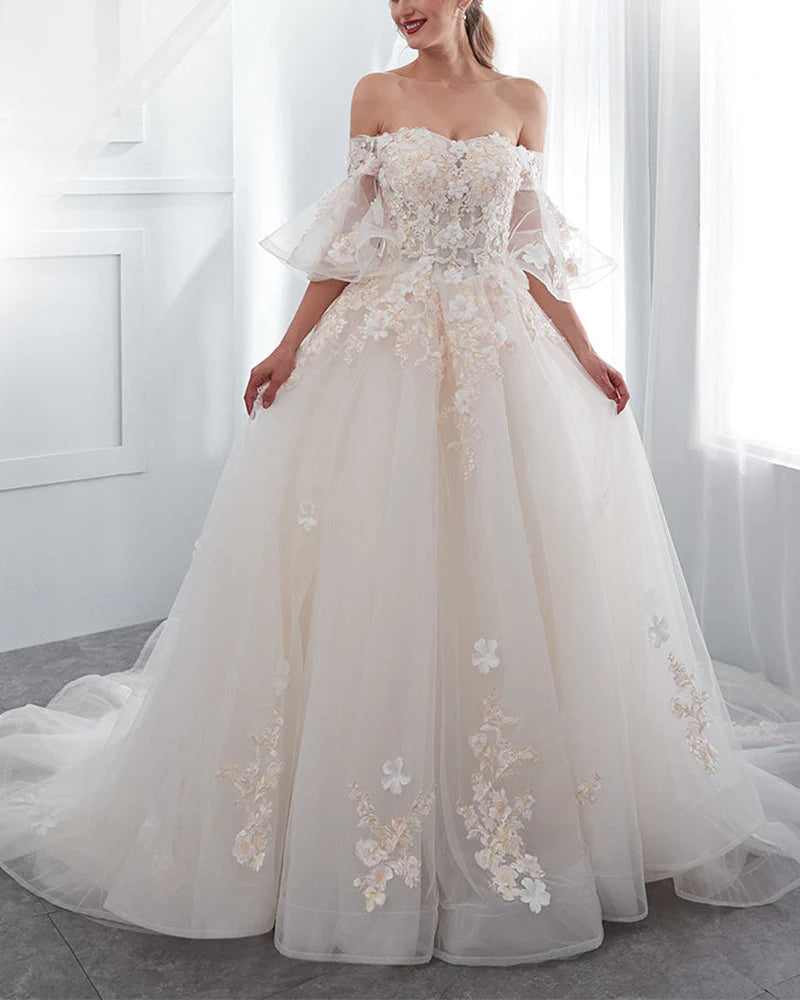 A Line Off The Shoulder Tulle Scoop Neck Wedding Dresses