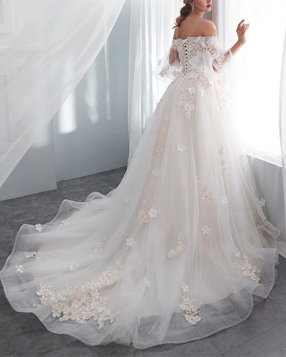 A Line Off The Shoulder Tulle Scoop Neck Wedding Dresses