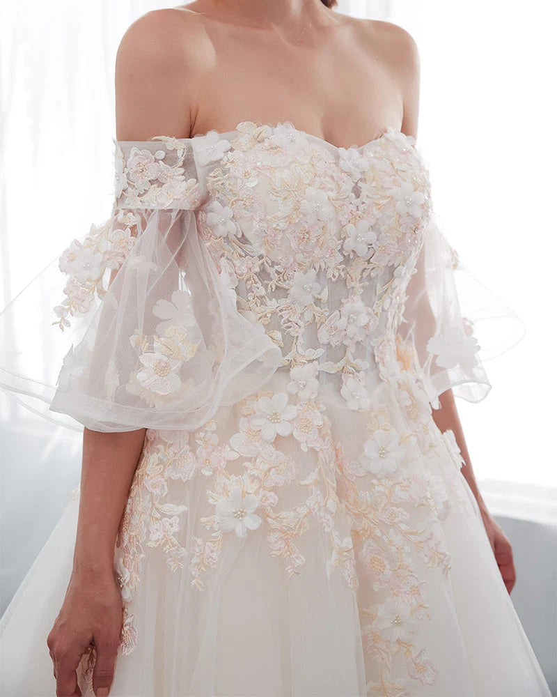 A Line Off The Shoulder Tulle Scoop Neck Wedding Dresses