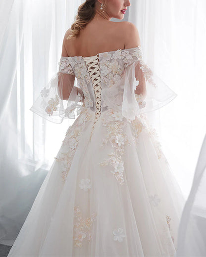 A Line Off The Shoulder Tulle Scoop Neck Wedding Dresses