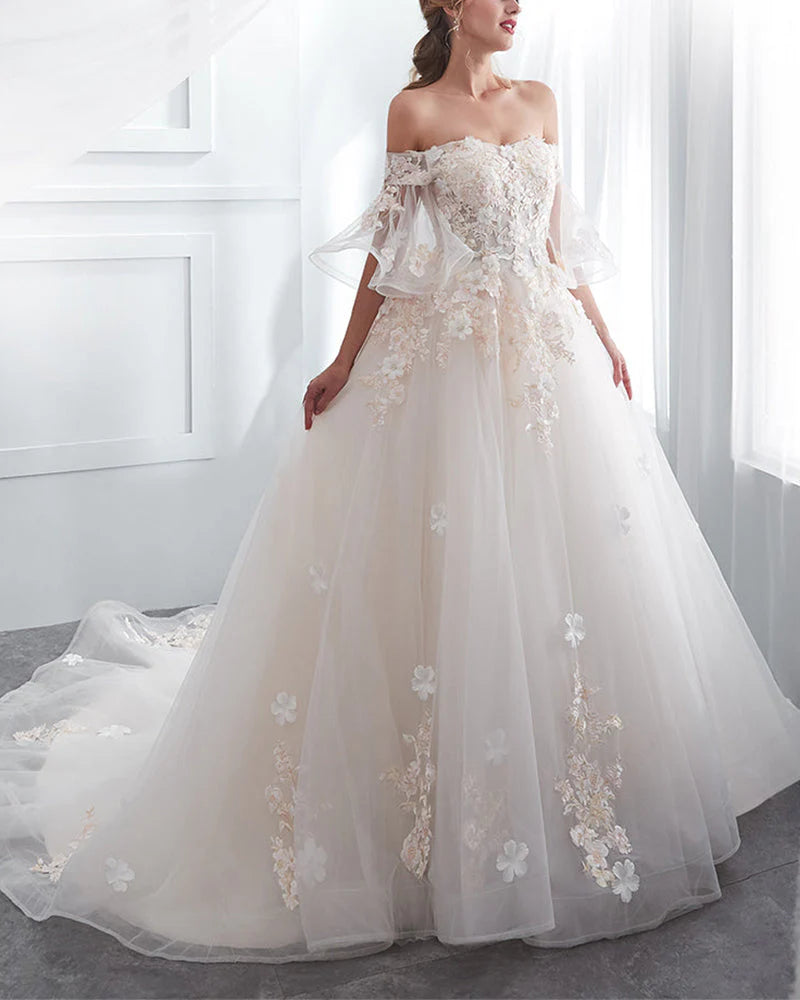 A Line Off The Shoulder Tulle Scoop Neck Wedding Dresses