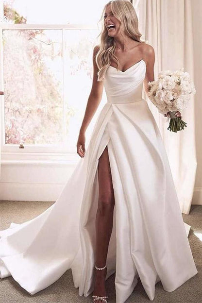 New Arrival A Line Satin Strapless Wedding Dresses With Court Train