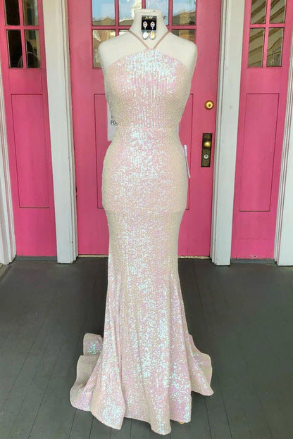 Arrival Halter Open Back Sequins Mermaid Prom Evening Dresses