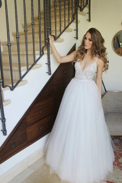 Arrival Spaghetti Straps Ivory Floor Length Tulle Beach Wedding Dress