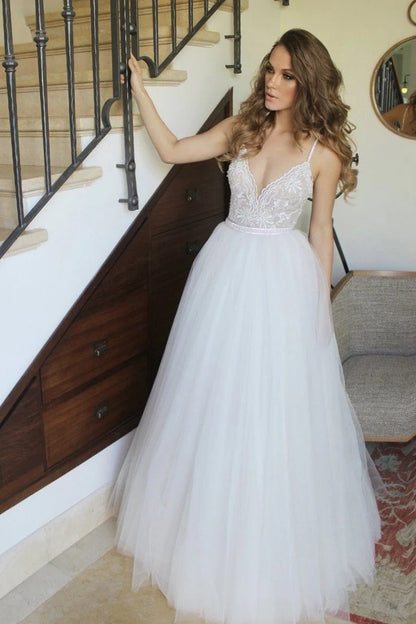 Arrival Spaghetti Straps Ivory Floor Length Tulle Beach Wedding Dress