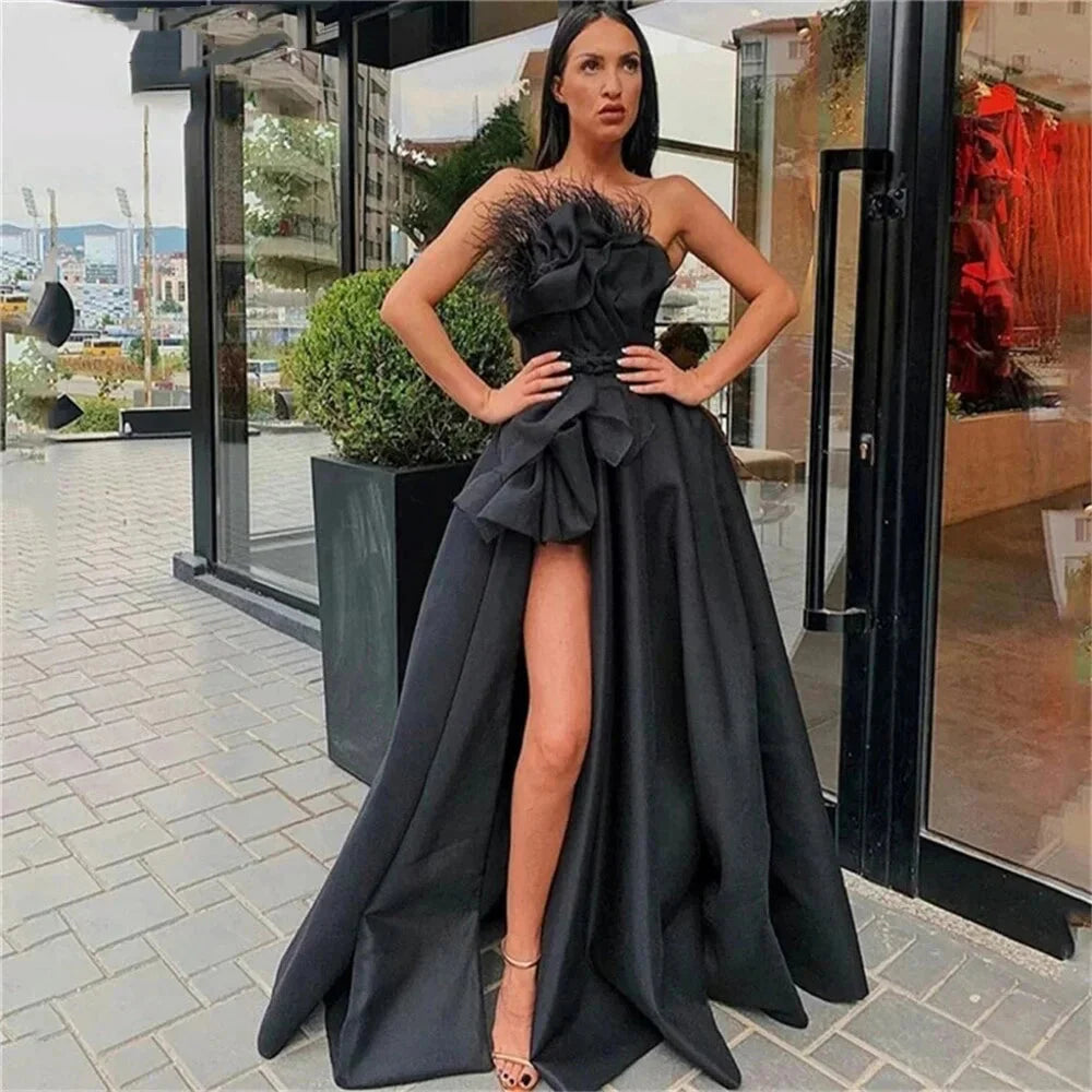 Arrival Strapless Slit Prom Dresses A Line Satin With Feathers