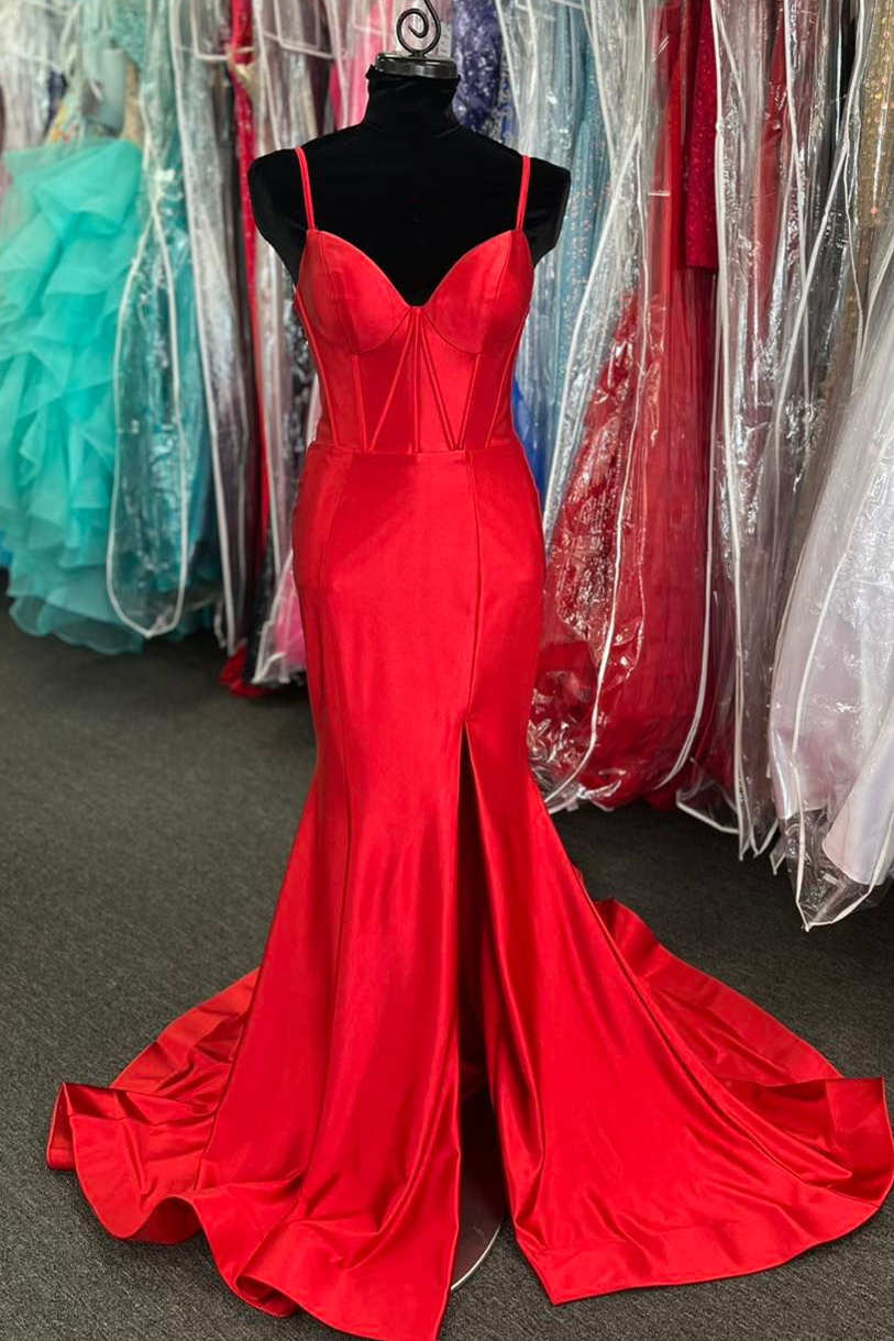 New Arrival Straps Satin Slit Mermaid Sweep Train Prom Evening Dresses