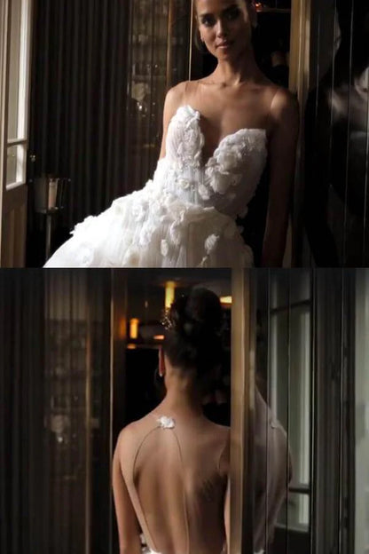 A Line Tulle Wedding Dresses With Beading Floral Bridal Gown
