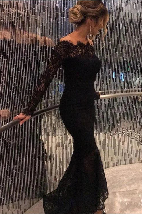 New Style Mermaid Long Sleeves Black Prom Dresses Lace Scoop Long Evening Dresses