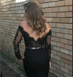 New Style Mermaid Long Sleeves Black Prom Dresses Lace Scoop Long Evening Dresses