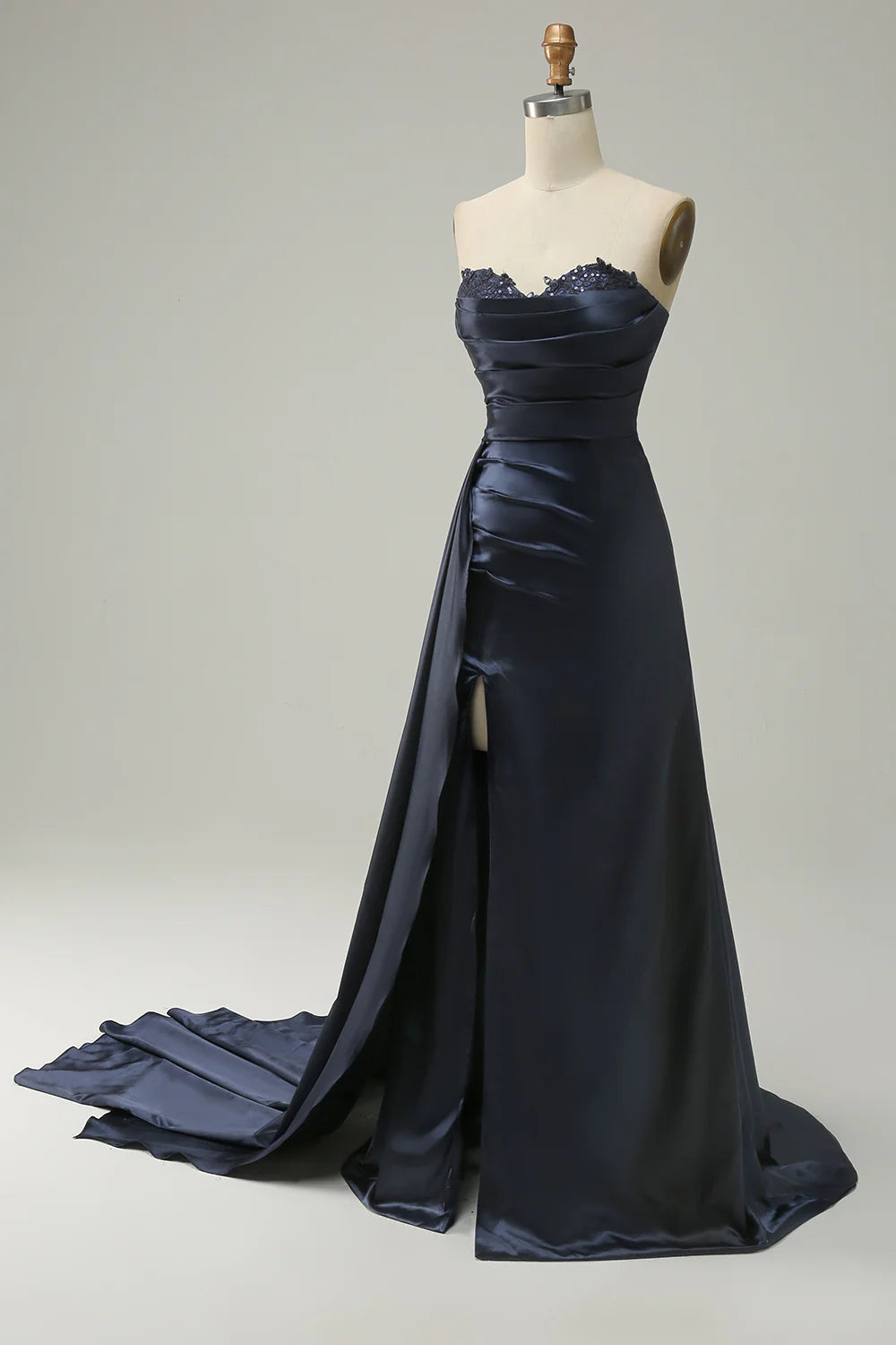 A Line Sweetheart Navy Long Prom Dress with Split Front