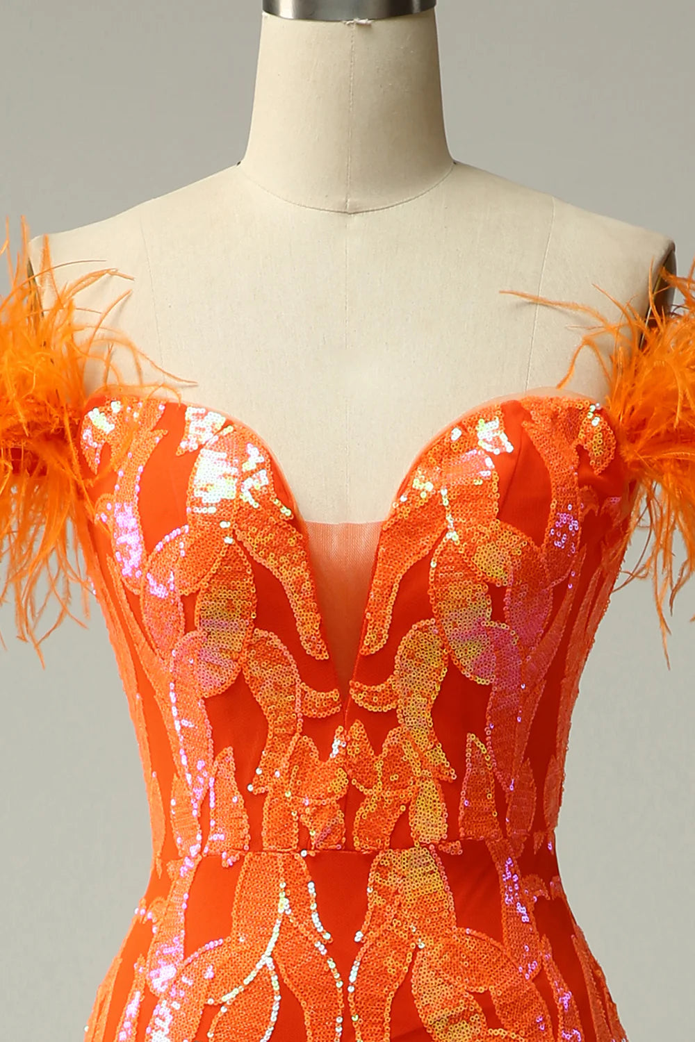 Orange Sequins Off the Shoulder Mermaid Prom Dress with Feathers