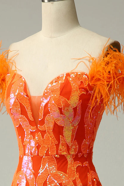 Orange Sequins Off the Shoulder Mermaid Prom Dress with Feathers