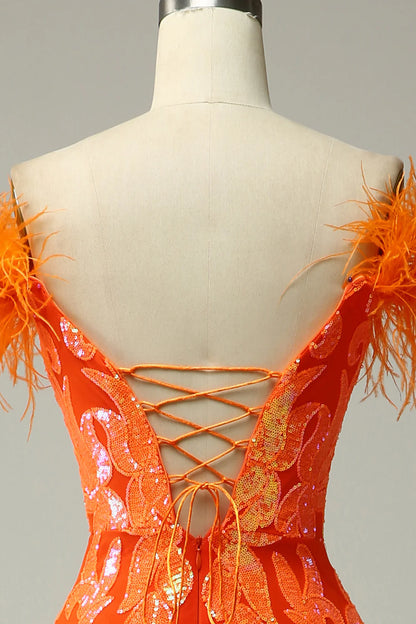 Orange Sequins Off the Shoulder Mermaid Prom Dress with Feathers