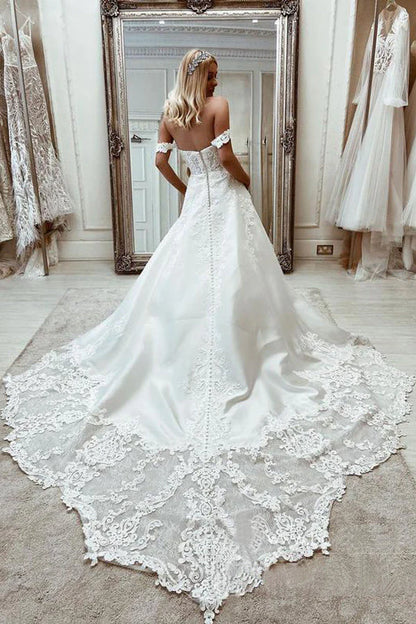 Off The Shoulder A Line Satin Wedding Dresses With Appliques Sweep Train