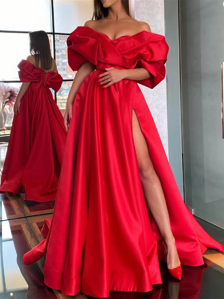 A-Line/Princess Off-The-Shoulder Floor-Length Prom Dresses