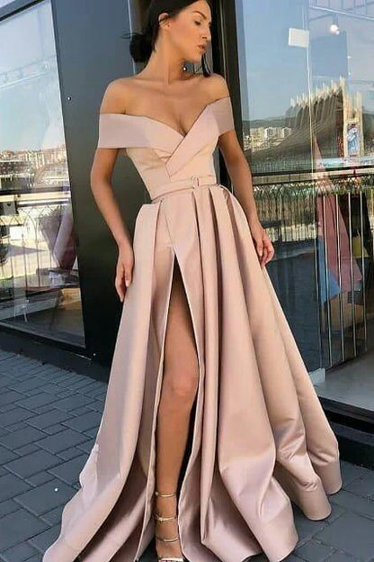 Off the Shoulder High Split Satin Prom Dresses Long Cheap Evening Dresses