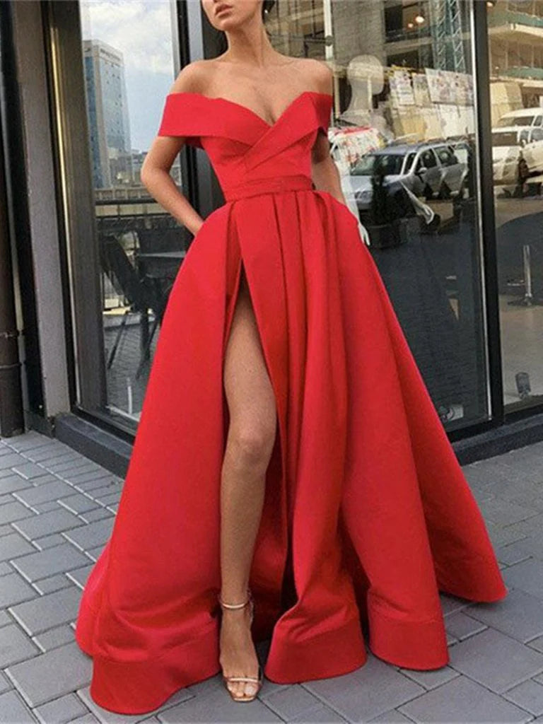 Off the Shoulder High Split Satin Prom Dresses Long Cheap Evening Dresses