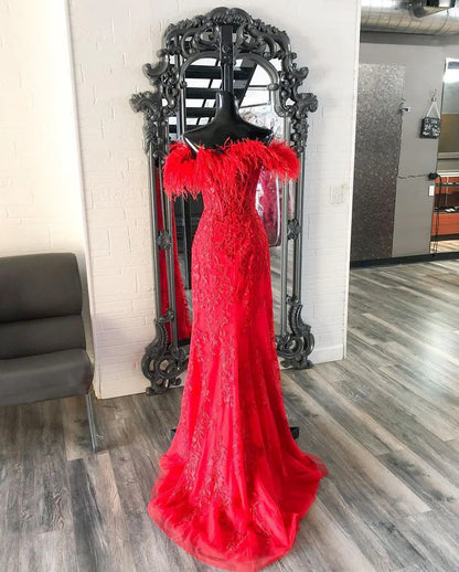 Off the Shoulder Long Lace Appliques Mermaid Feather Prom Evening Dresses