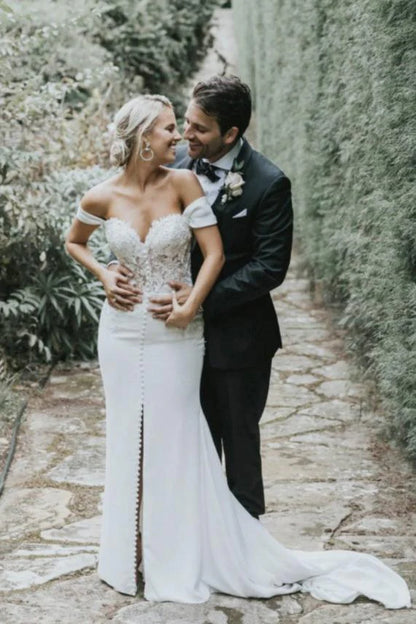 Off the Shoulder Slit Mermaid Sweetheart Wedding Dresses with Train Wedding